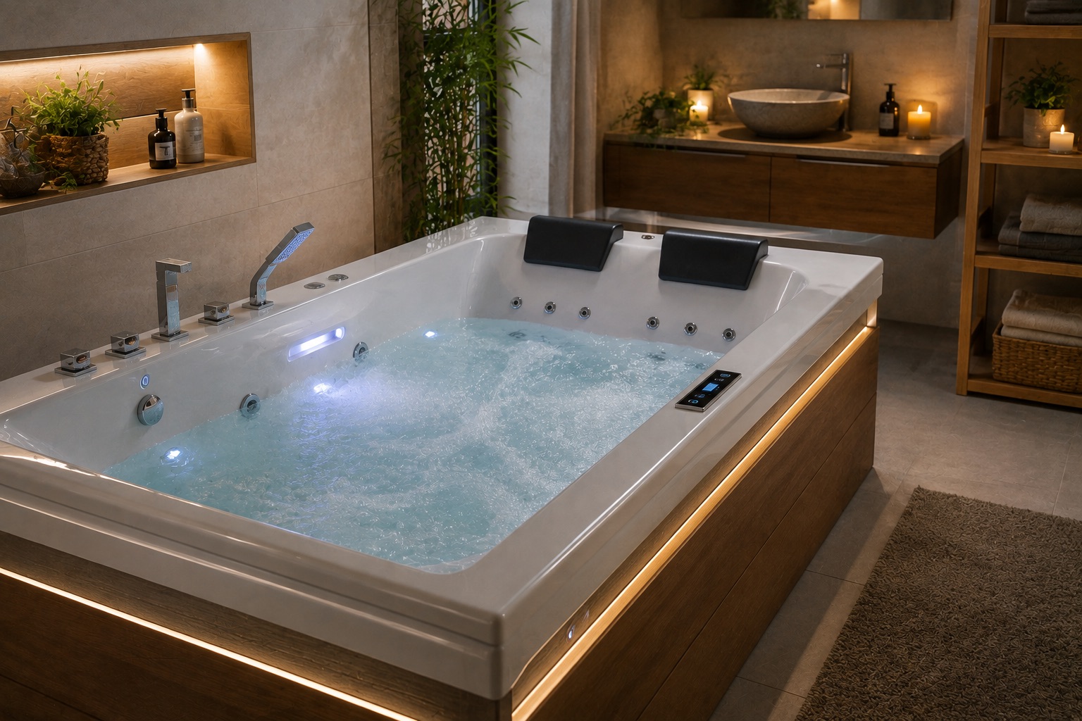 Baignoire balnéo installée dans une salle de bains