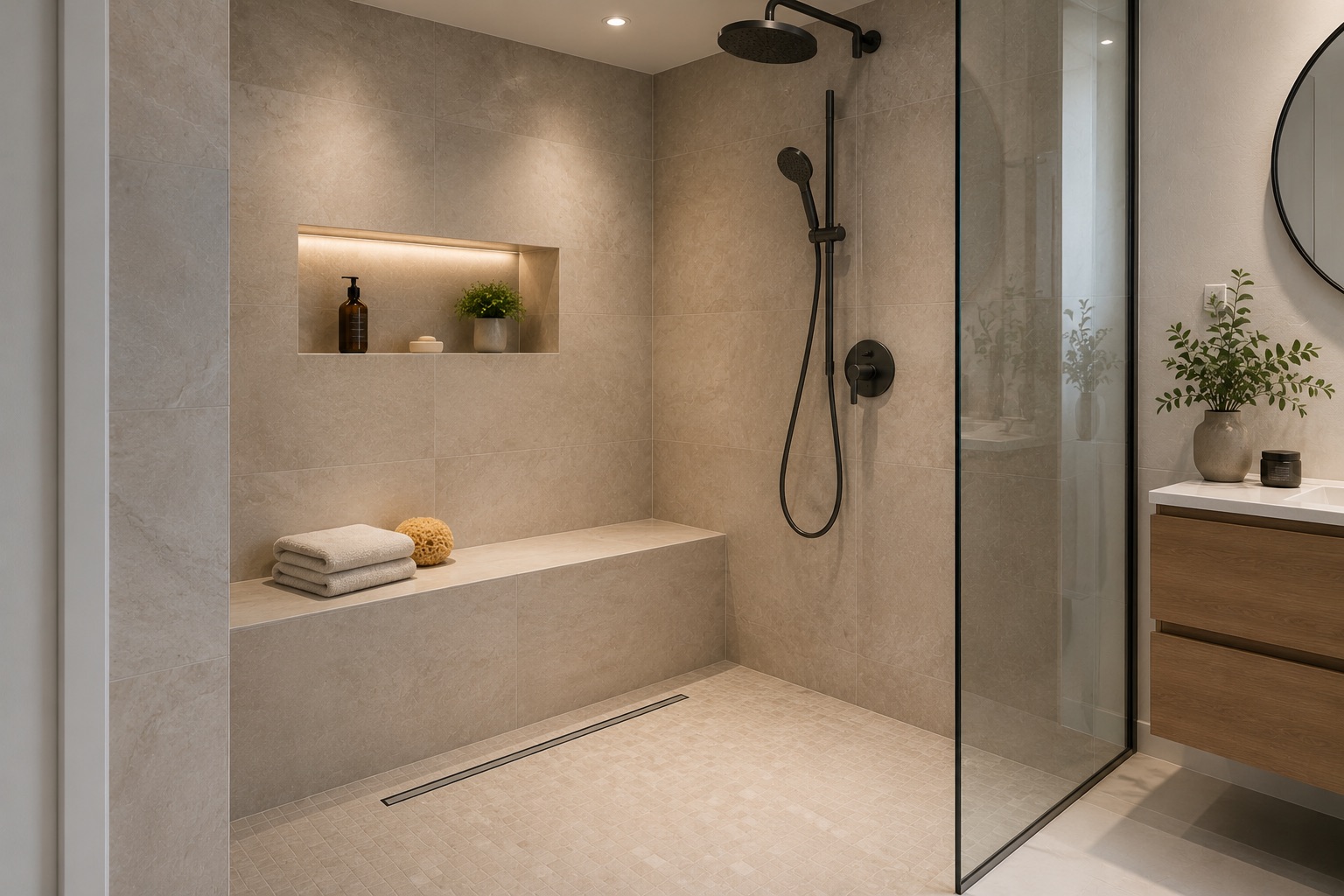 Banc intégré dans une douche à l'italienne