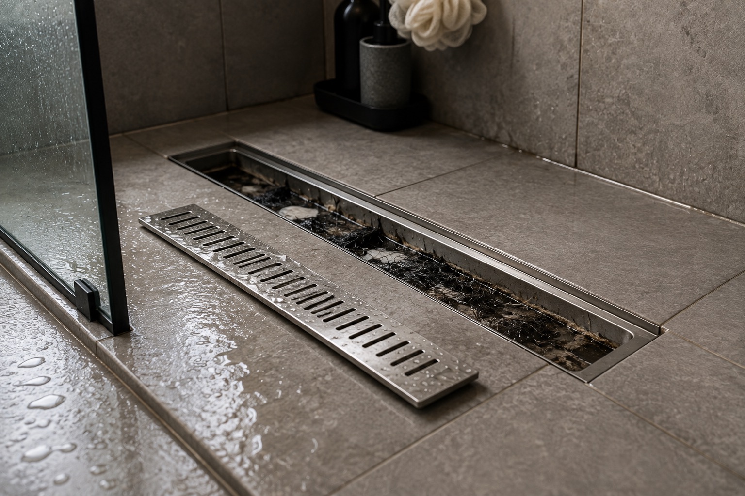 Caniveau de douche à l'italienne dont l'eau s'évacue lentement