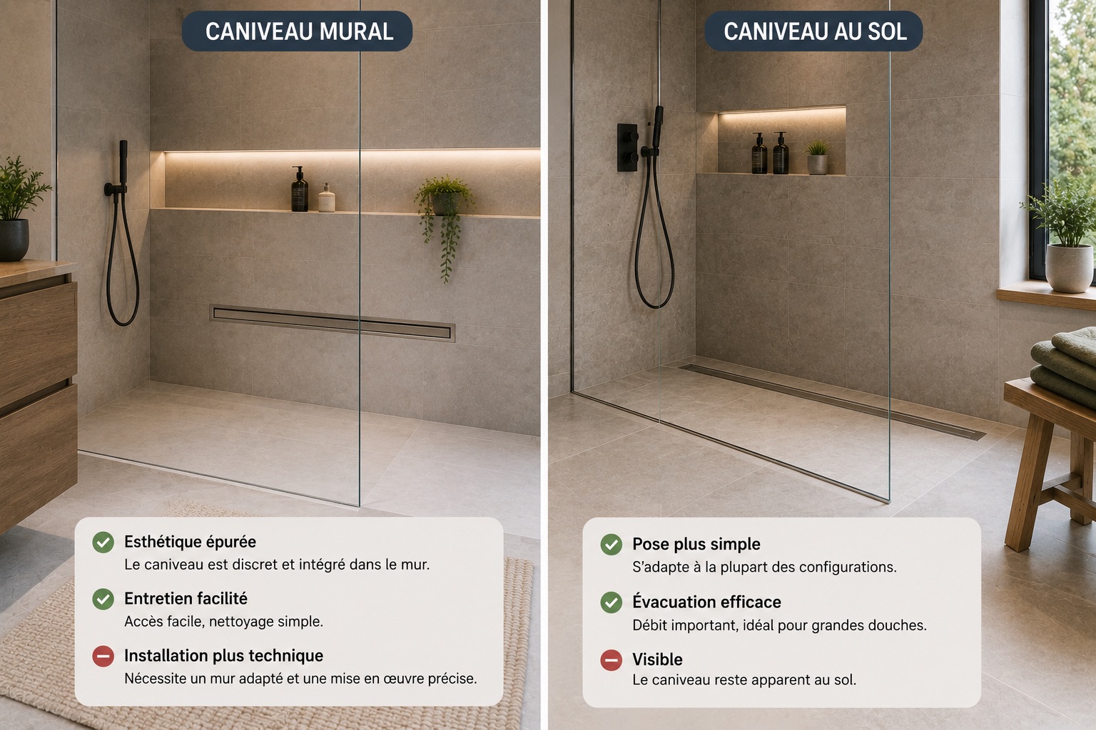 Caniveau de douche à l'italienne dans une salle de bains