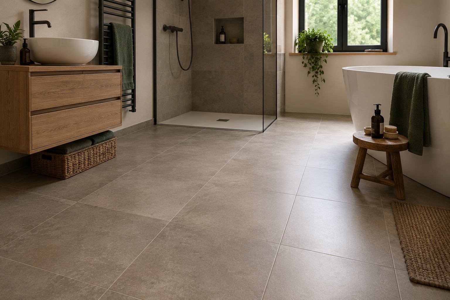 Carrelage de sol dans une salle de bains rénovée