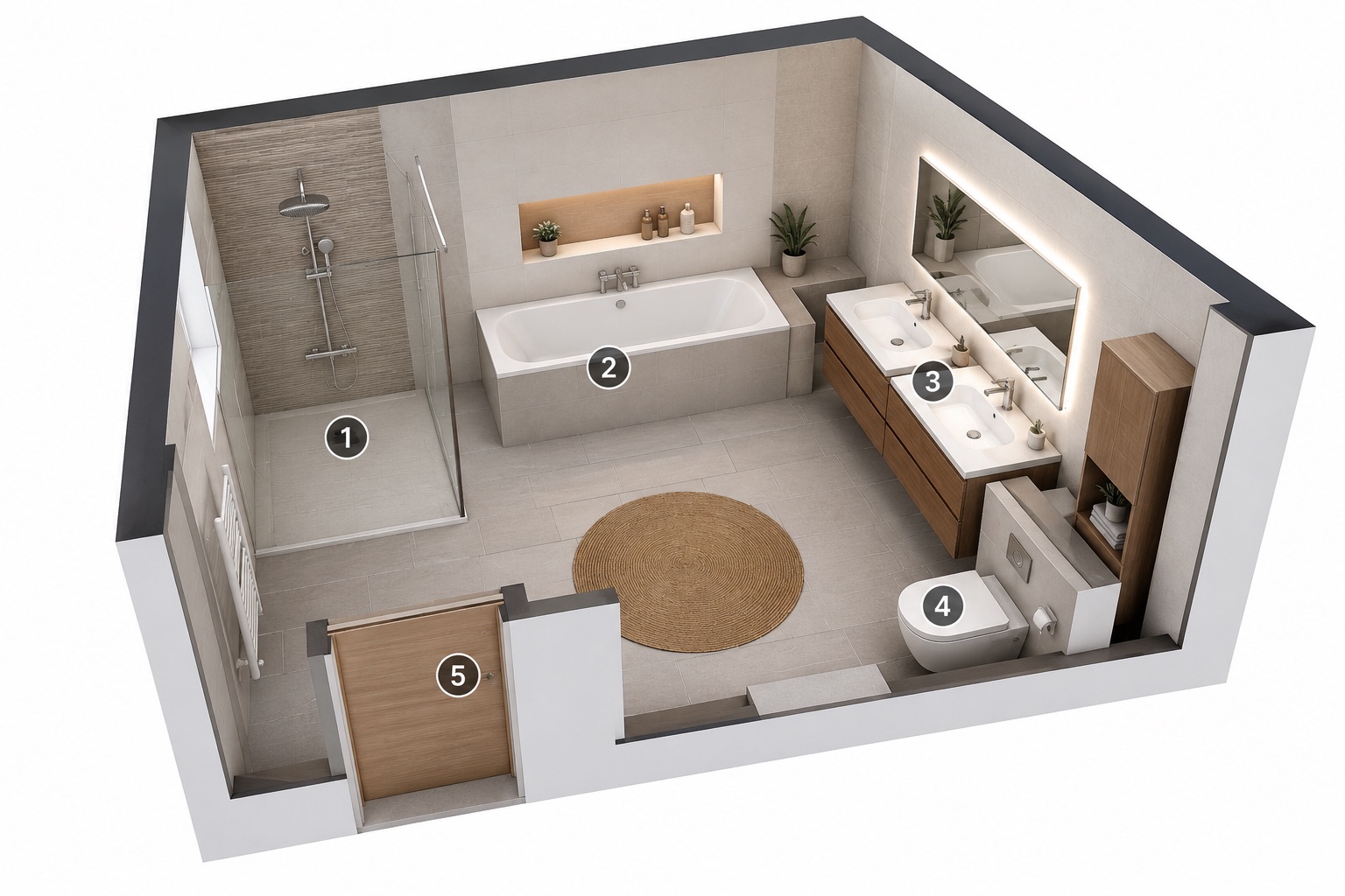 Vue 3D d'une salle de bains correspondant à un plan coté