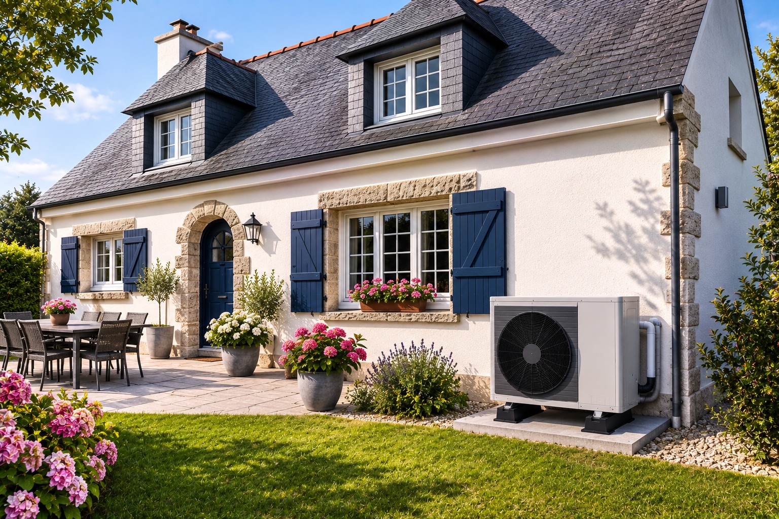 Pompe à chaleur en maison néo-bretonne, secteur de Lorient