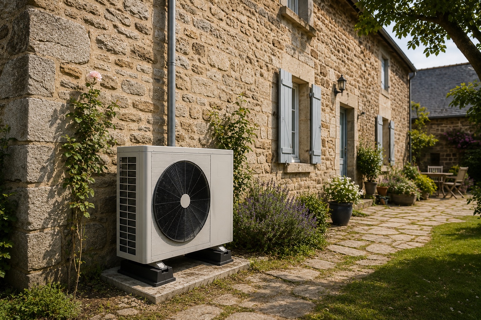 Pompe à chaleur en maison ancienne en pierre, secteur de Lorient