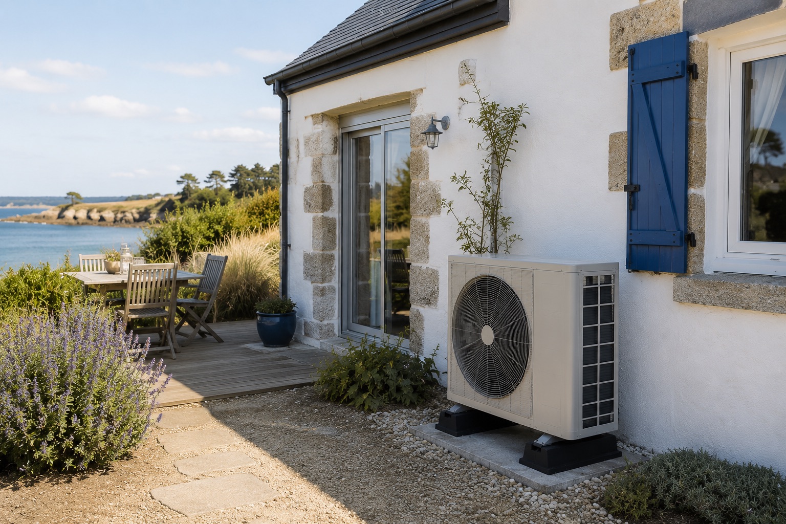 Pompe à chaleur en maison de vacances littorale, secteur de Lorient