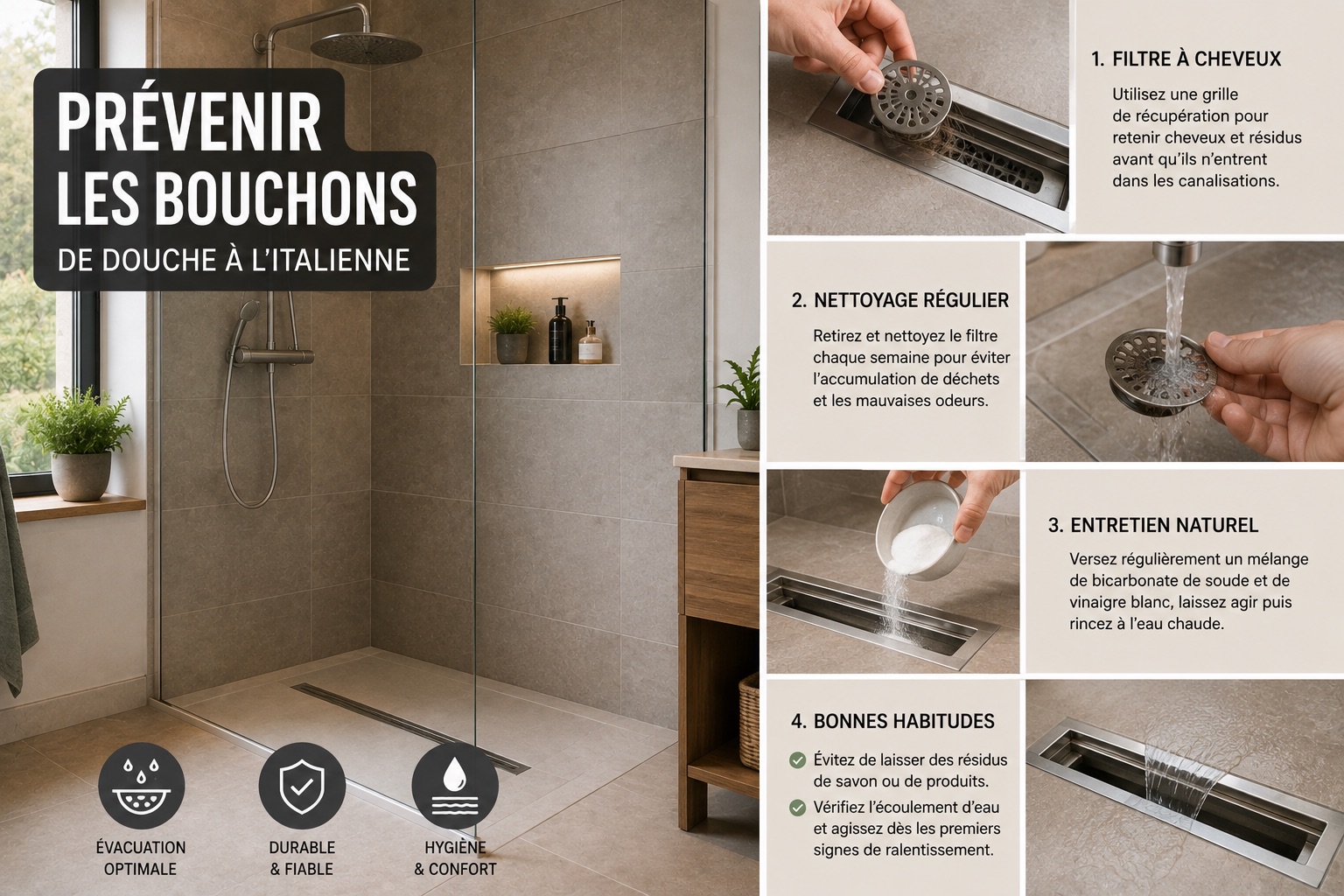 Évacuation de douche à l'italienne et sa grille