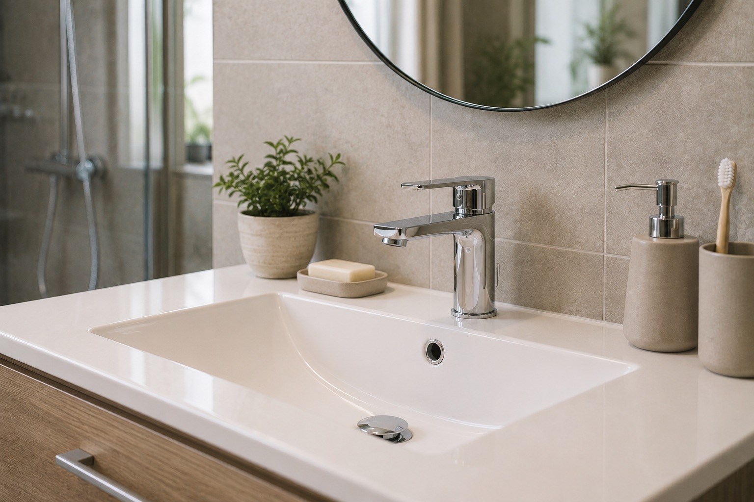 Robinetterie de vasque dans une salle de bains rénovée