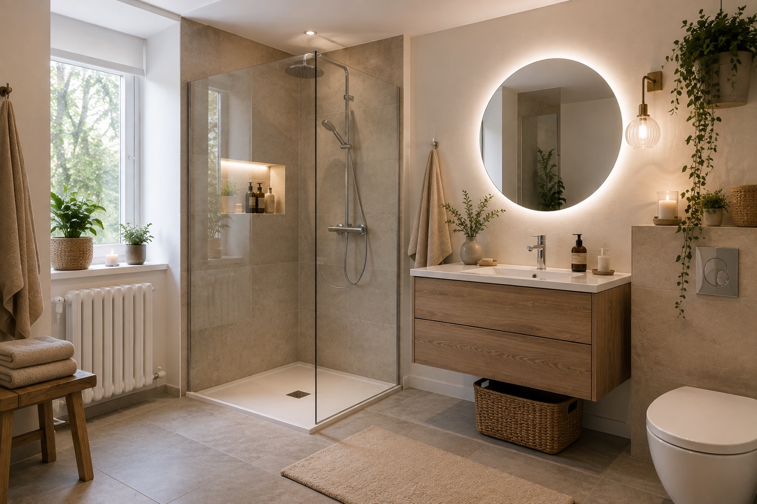 Propriétaire et artisan devant une salle de bains en rénovation