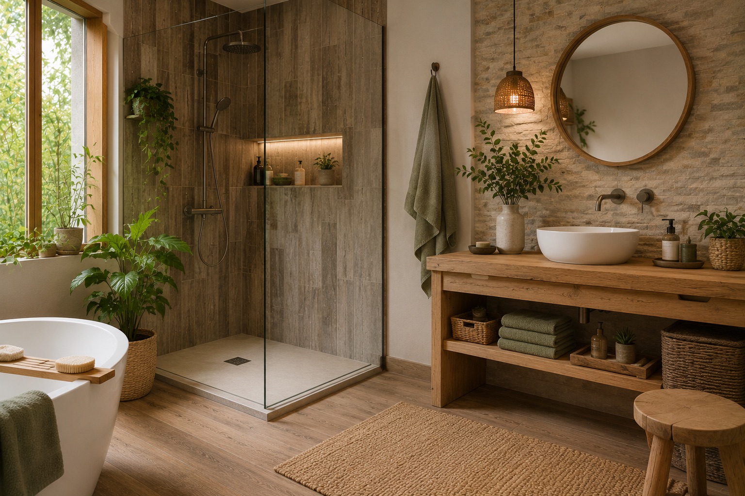 Salle de bains contemporaine associant bois et surfaces minérales