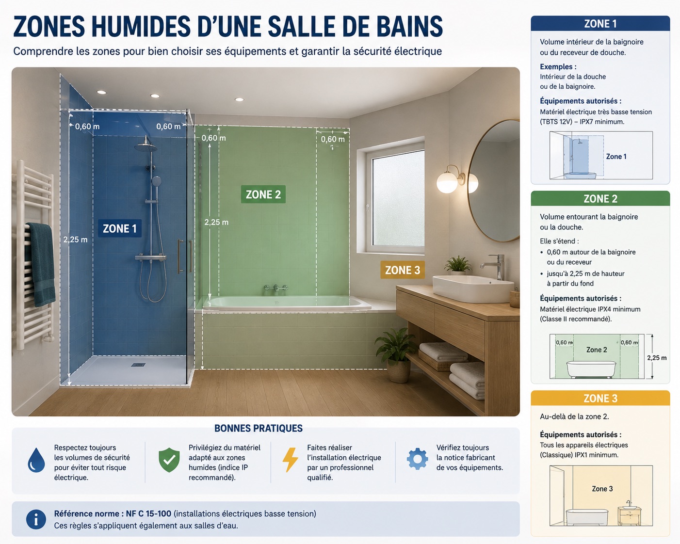 Salle de bains en chantier montrant douche et implantation électrique