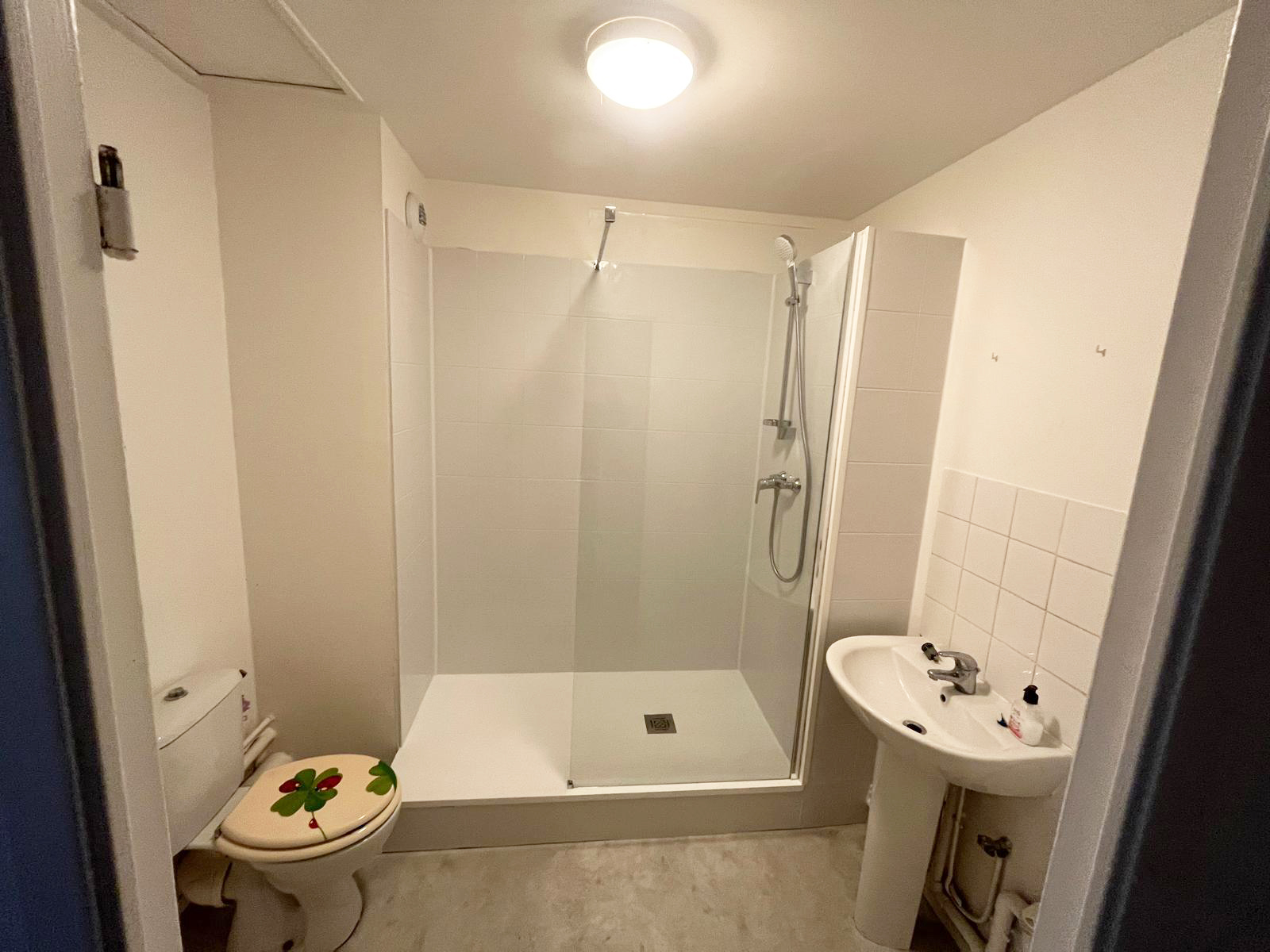 Après travaux : baignoire remplacée par une douche de plain-pied avec WC et lavabo colonne